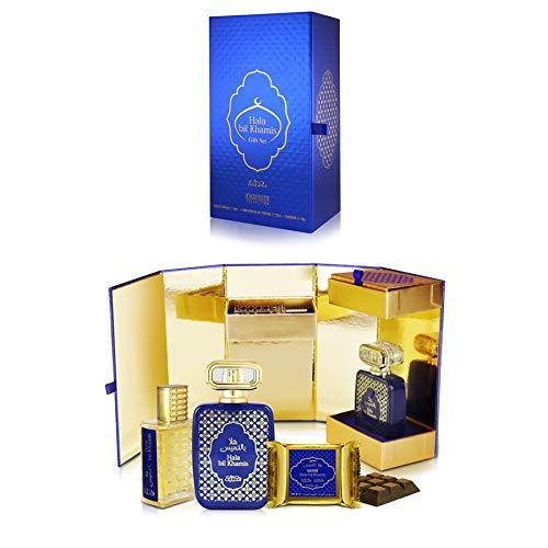 Luxurious Nabeel Hala Bil Khamis Gift Set featuring a blue and gold packaging, including a premium fragrance bottle and accessories, crafted in Dubai.