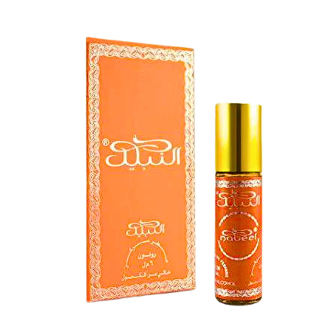 Nabeel 6ml roll-on perfume oil with elegant orange packaging and golden accents, showcasing the luxurious Arabian fragrance.