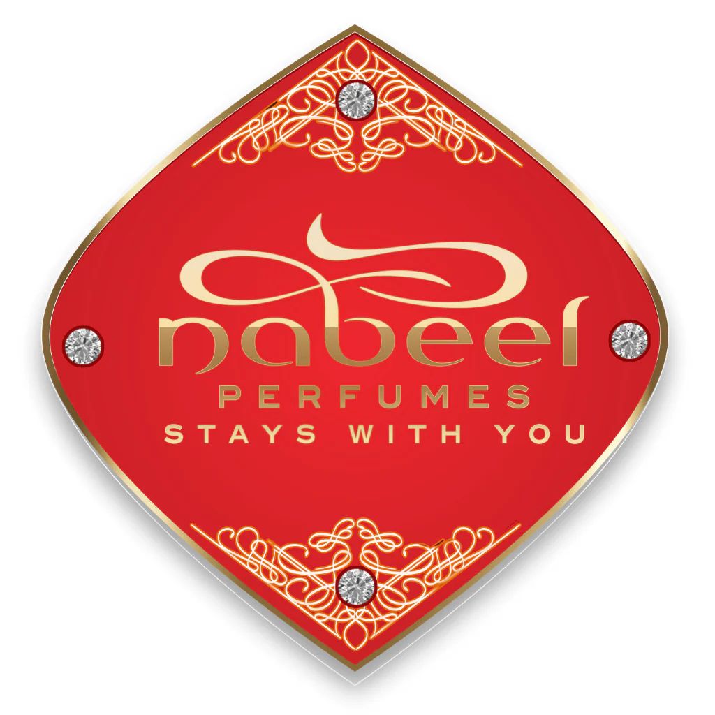 Nabeel Perfumes official logo with red and gold diamond-shaped design, elegant typography, and the tagline "Stays With You.