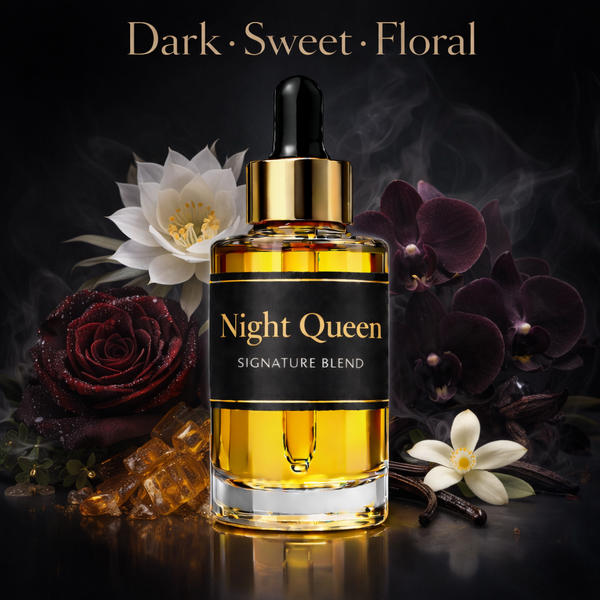 Night Queen fragrance oil – Dark Sweet Floral scent on white background luxury body oil bottle