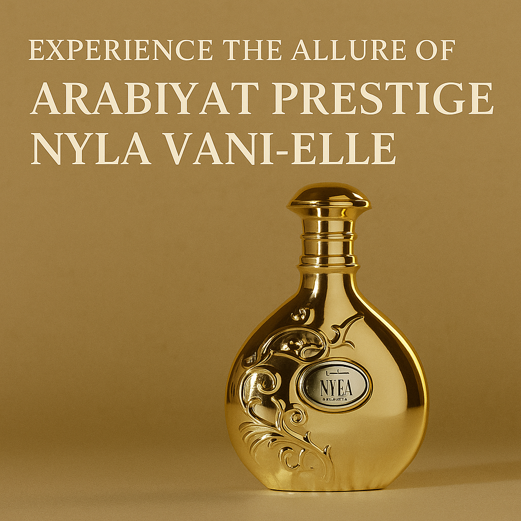 Elegant promotional image of Arabiyat Prestige Nyla Vani-Elle with a golden perfume bottle and text overlay saying "Experience the Allure of Arabiyat Prestige Nyla Vani-Elle"