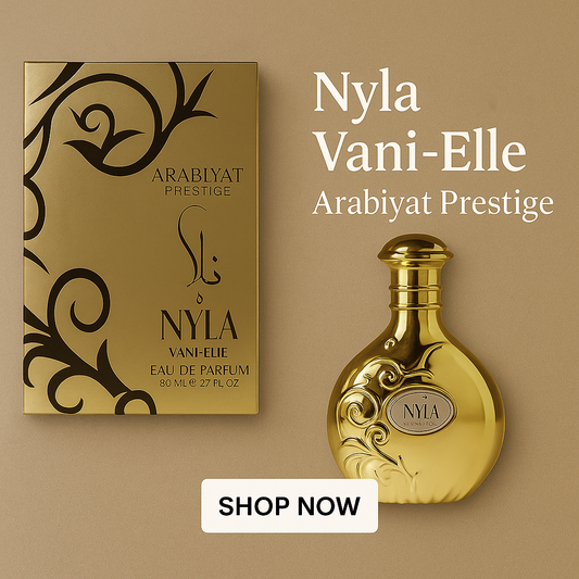 Shop now banner for Nyla Vani-Elle by Arabiyat Prestige, featuring the gold bottle and matching packaging with a luxury floral design