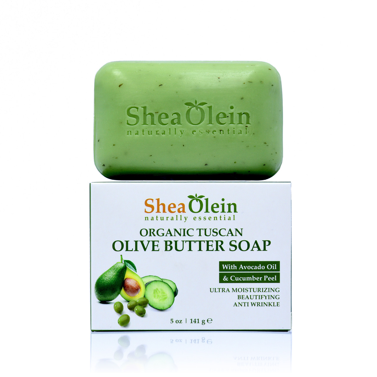Shea Olein Organic Tuscan Olive Butter Soap bar placed on its packaging - enriched with Olive Butter, Avocado Oil, and Cucumber Peel, 141 g.