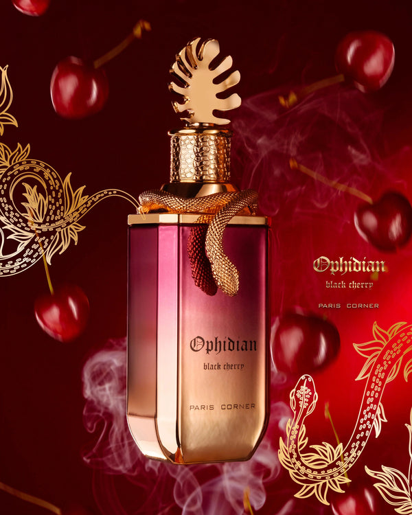 Ophidian Black Cherry perfume by Paris Corner with elegant gold snake detail and cherry background design