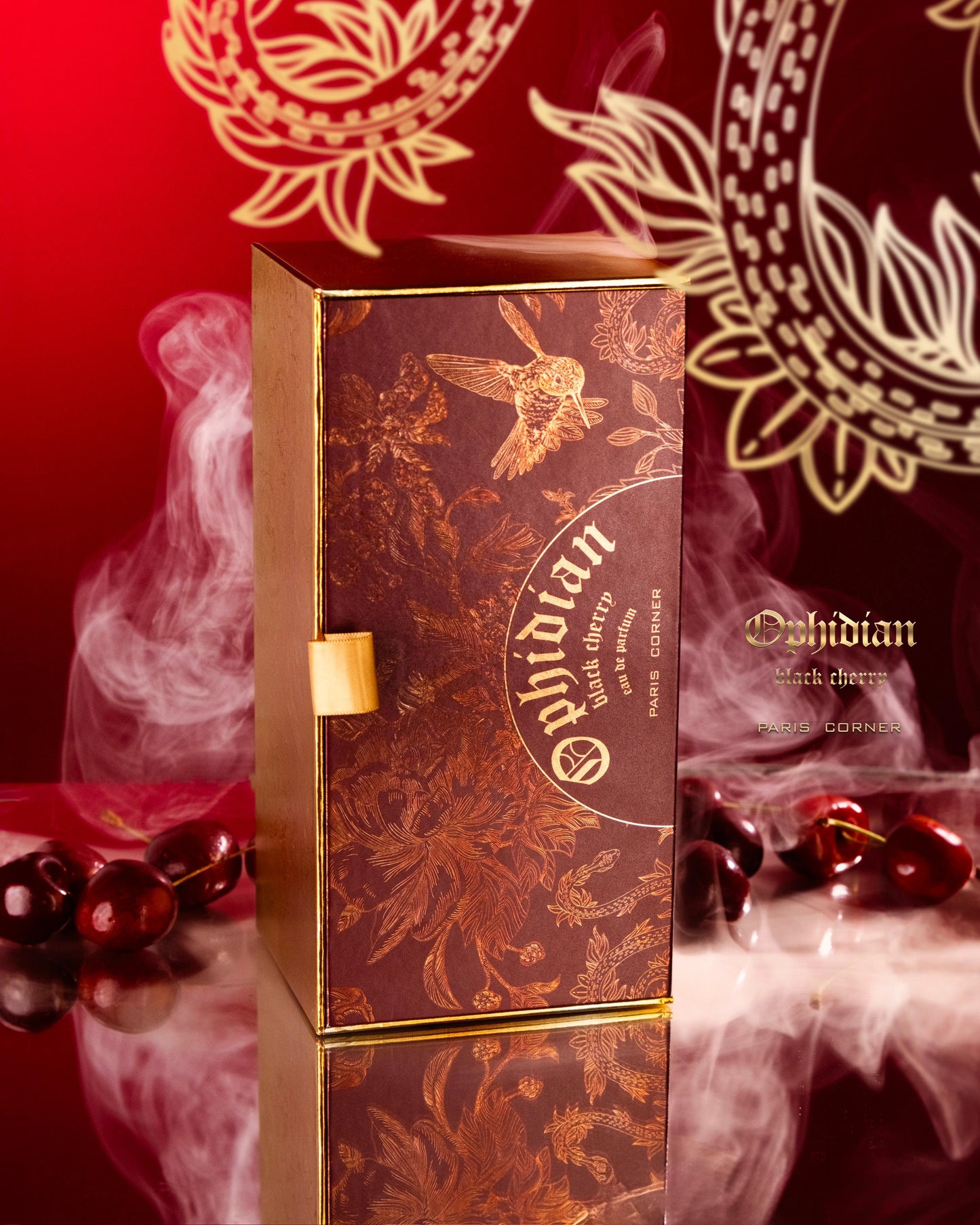 Ophidian Black Cherry perfume box by Paris Corner with luxurious cherry-themed packaging and golden detailing

