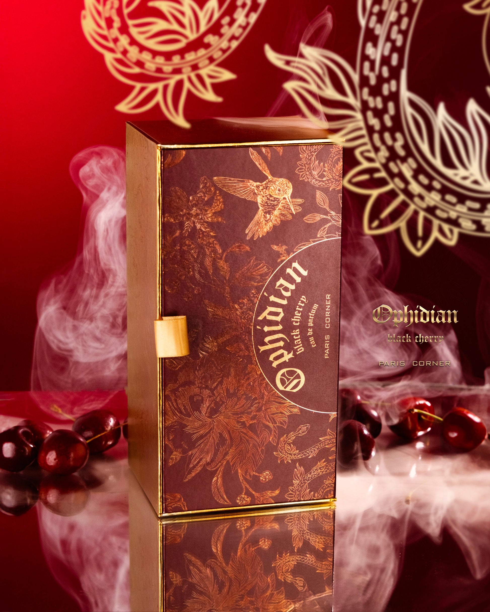 Ophidian Black Cherry perfume box by Paris Corner with luxurious cherry-themed packaging and golden detailing

