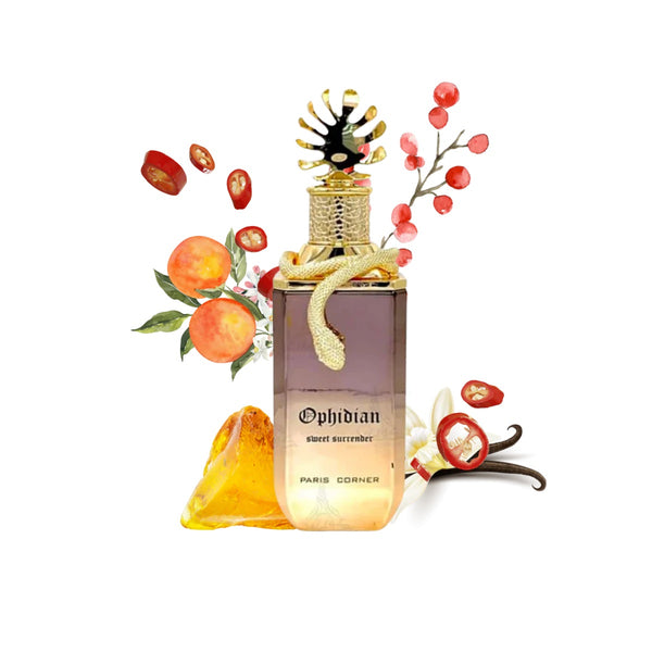 Ophidian Sweet Surrender Perfume by Paris Corner with notes illustration including amber, vanilla, red berries, mandarin orange, and spicy pepper – elegant and sensual perfume for men and women