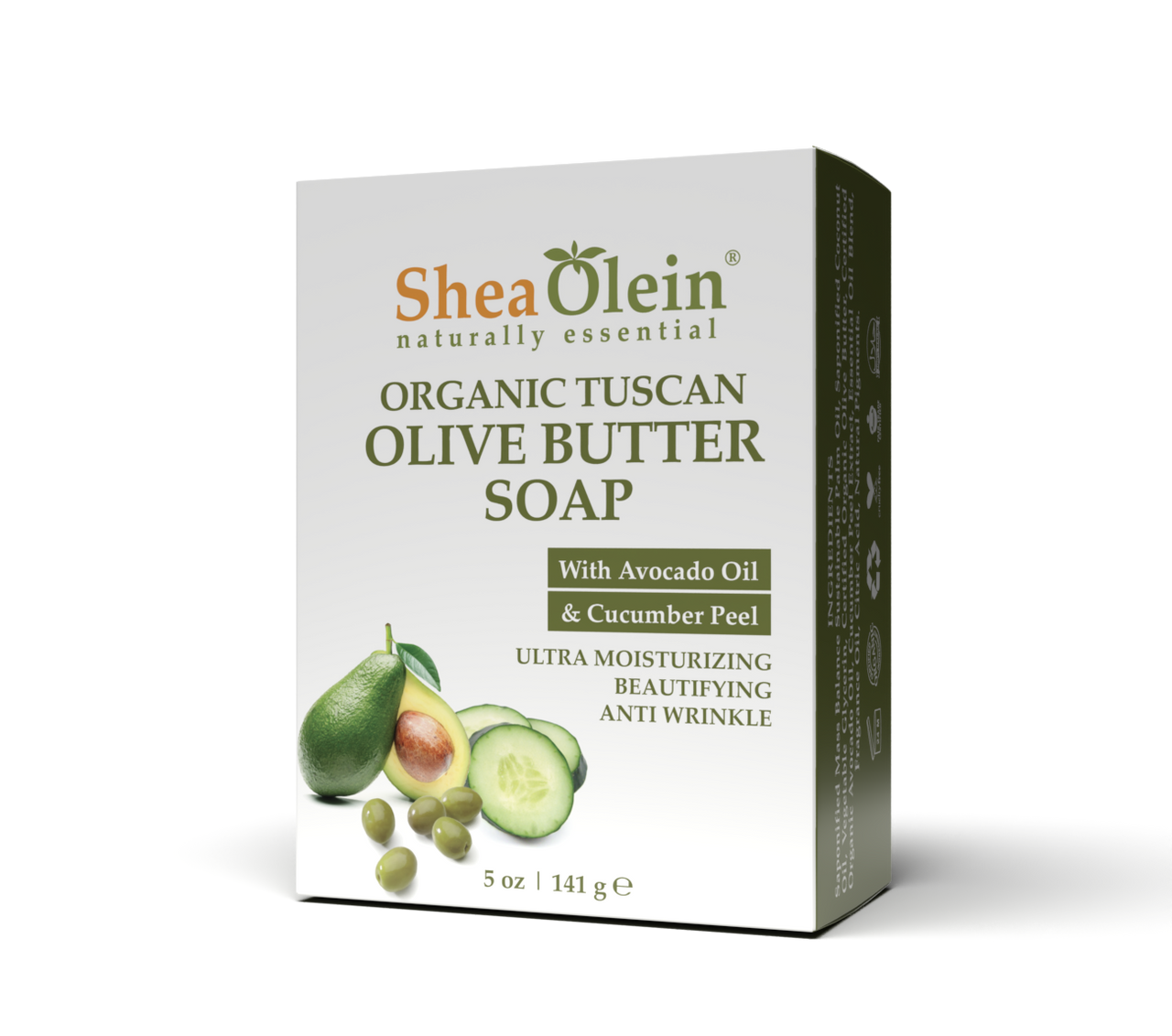 Angled view of Shea Olein Organic Tuscan Olive Butter Soap box showcasing its natural skincare ingredients like Avocado Oil and Cucumber Peel, 141 g.