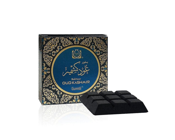 Oud Kashmir Bakhoor by Surrati in an elegant blue and gold box with premium bakhoor pieces for a luxurious aromatic experience.