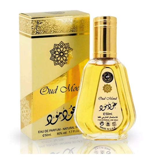 Oud Mood by Ard Al Zaafran - 50ml Eau de Parfum in a golden box with an elegantly designed perfume bottle.