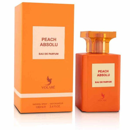 Peach Absolu Eau De Parfum 100ml by Volare, showcased with its vibrant orange packaging, capturing the essence of its sweet and sophisticated aroma.