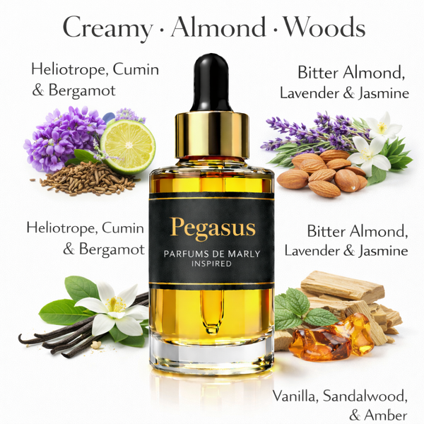 Pegasus Parfums de Marly Inspired fragrance oil – Creamy Almond Woods scent with almond, vanilla, lavender and sandalwood on white background