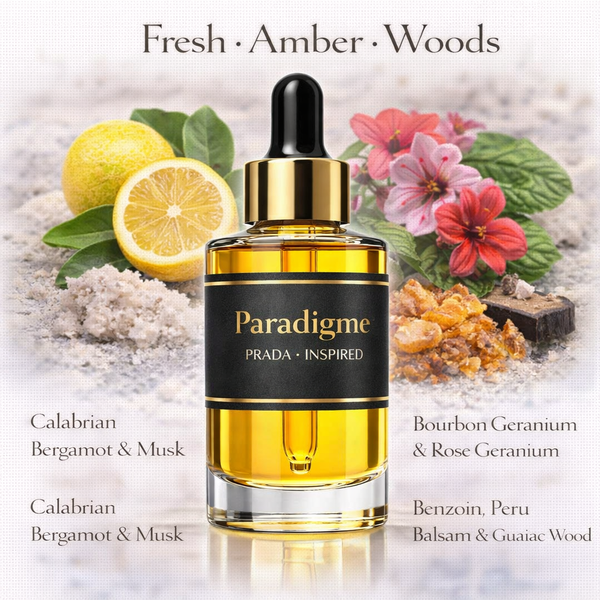 Prada Paradigme Inspired fragrance oil – Fresh Amber Woods scent with bergamot, musk, geranium and woody notes on white background