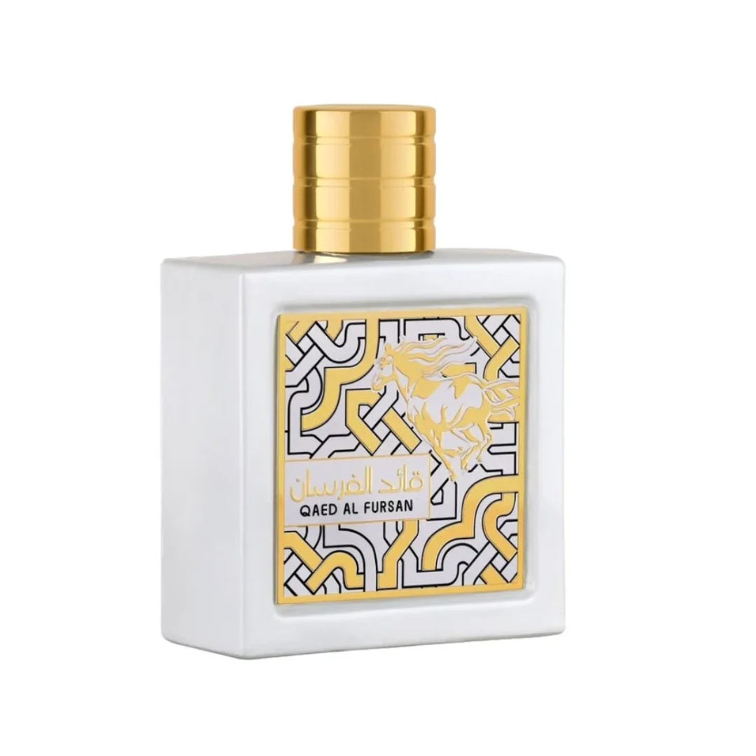 Qaed Al Fursan Unlimited by Lattafa, featuring an elegant white bottle with a golden cap and intricate gold horse design, 100ML Eau de Parfum.