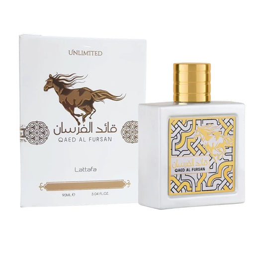 Qaed Al Fursan Unlimited by Lattafa, showcasing the luxurious white bottle with gold accents alongside matching white and gold packaging, 100ML fragrance.