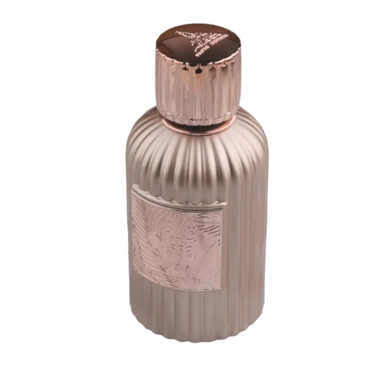 Qissa Delicious Perfume bottle by Paris Corner, featuring a luxurious ribbed design and rose gold cap.