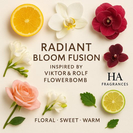 Radiant Bloom Fusion, a Flowerbomb-inspired perfume oil by HA Fragrances, displayed with roses, orchids, freesia, citrus slices, and floral note props around the name on a clean background.
