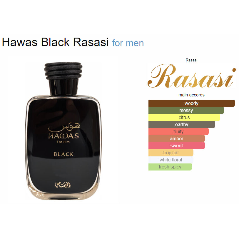 Rasasi Hawas Black perfume with citrus, woody, and amber fragrance notes