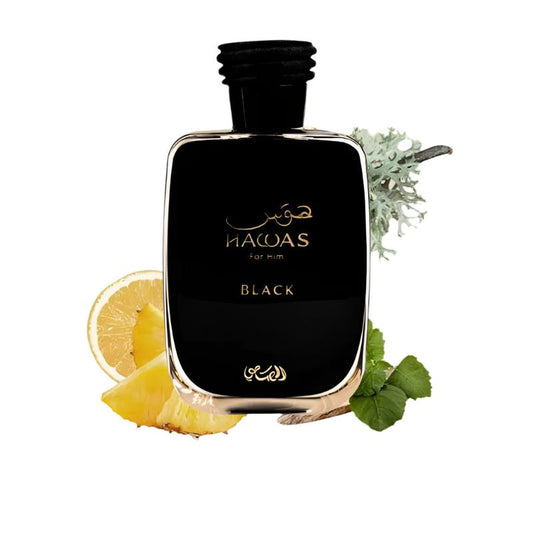 Rasasi Hawas Black Eau De Parfum for Men, displayed with vibrant notes of pineapple, grapefruit, and citrus in the background.