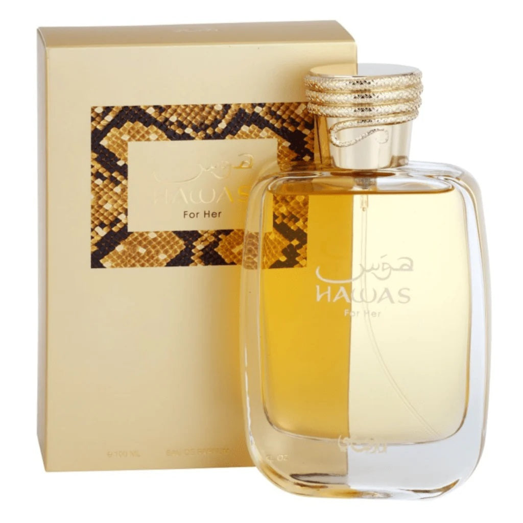 Rasasi Hawas For Her Eau De Parfum 100ml bottle with elegant gold packaging featuring a snake-skin design