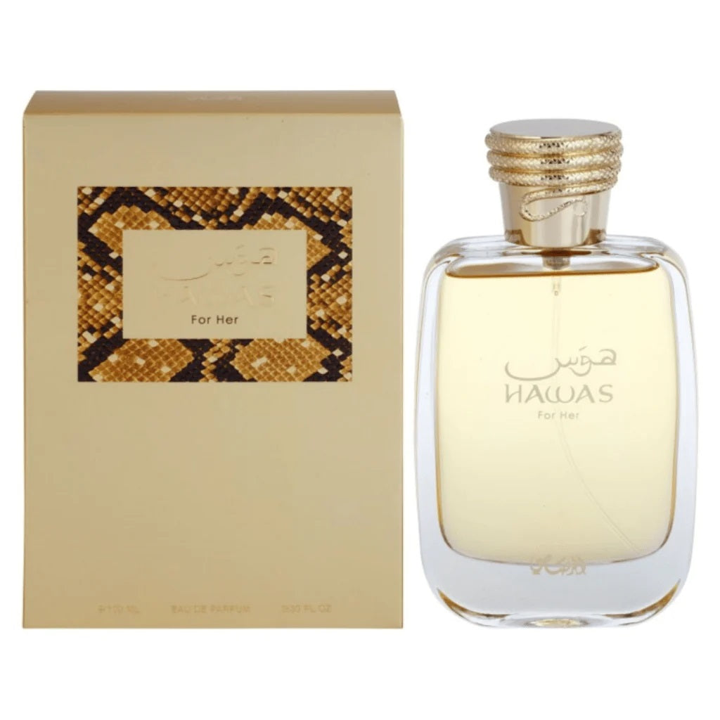 Rasasi Hawas For Her perfume displayed with its luxurious golden box and snake-skin pattern accent.