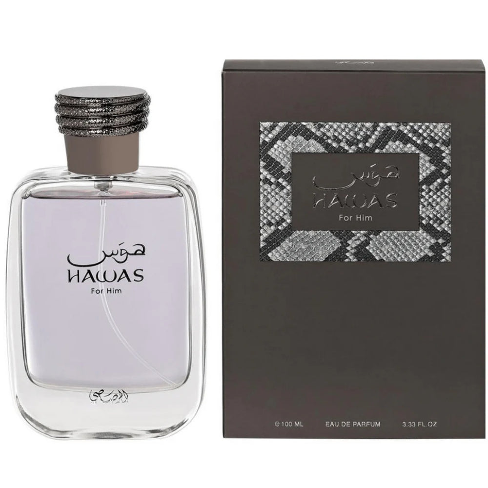 Rasasi Hawas for Men Eau De Parfum 100ML with sleek purple bottle and python-patterned black box