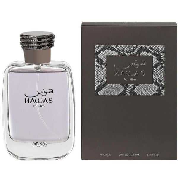 Rasasi Hawas for Men Eau De Parfum 100ML with sleek purple bottle and python-patterned black box