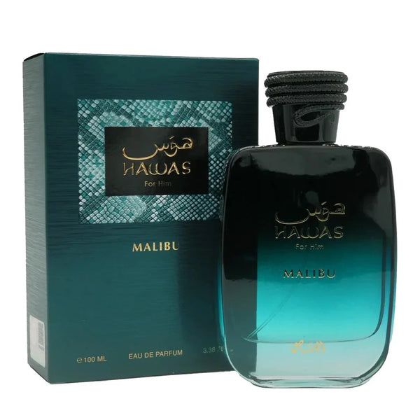 Rasasi Hawas Malibu Eau de Parfum 100ml for him with original box packaging fresh aquatic scent