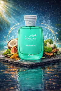 Rasasi Hawas Tropical Eau de Parfum for Him displayed with coconut, fig, mint, and green notes against a fresh aquatic background.