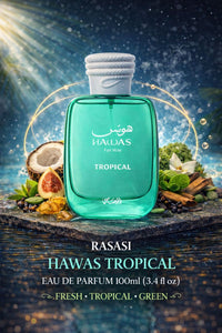 Rasasi Hawas Tropical Eau de Parfum for Him 100ml shown in a green bottle with tropical fruits and fresh green fragrance styling.