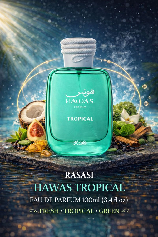 Rasasi Hawas Tropical Eau de Parfum for Him 100ml shown in a green bottle with tropical fruits and fresh green fragrance styling.