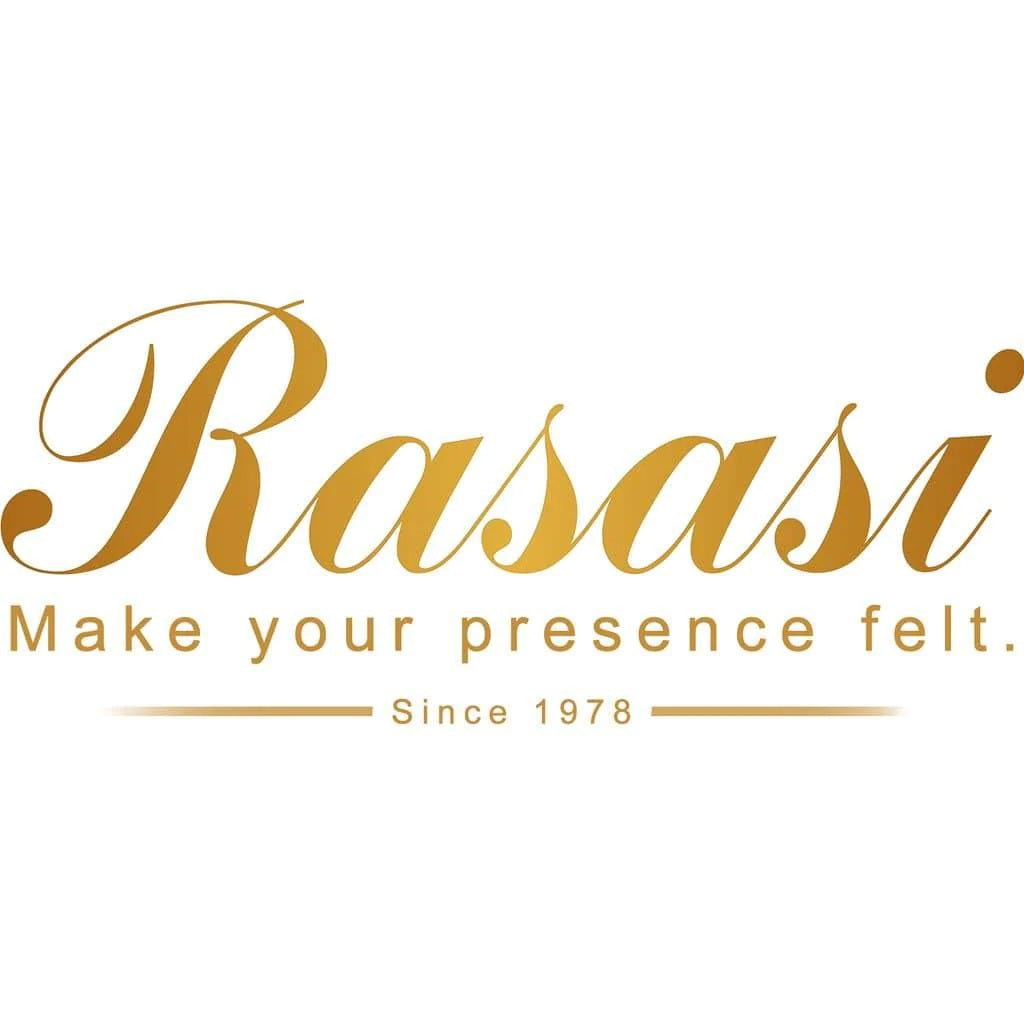 Rasasi logo with tagline 'Make your presence felt' since 1978 in gold lettering.