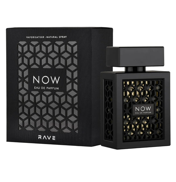Rave Now Black Edition Eau De Parfum 100ml with luxurious black box and elegant black geometric bottle.