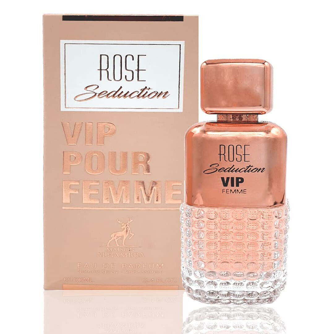 Rose Seduction VIP Pour Femme EDP 100ml by Maison Alhambra, displayed with its chic rose gold packaging, embodying a captivating floral and fruity fragrance.