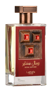 Royal Sapphire Eau de Parfum by Lattafa Pride, showcasing a luxurious red and bronze bottle with intricate gem-like details, 100ML fragrance.