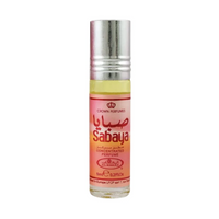 Sabaya 6ml roll-on concentrated perfume oil by Al-Rehab, showcasing a sleek pink design with a silver cap.