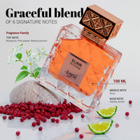 Elixir Intense by Sapil with jasmine, pink pepper, lime, rose, and vanilla showing full note breakdown