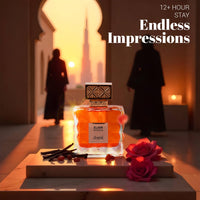 Elixir Intense by Sapil perfume bottle with roses and vanilla in a warm sunset setting with text “12+ Hour Stay”