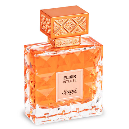 Elixir Intense by Sapil 100ml perfume bottle on a white background showcasing the detailed gold cap