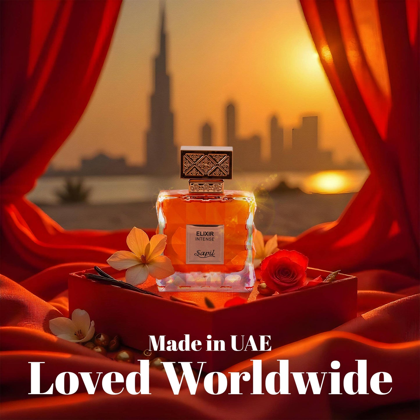 Elixir Intense by Sapil perfume bottle displayed at sunset with Dubai skyline in the background
