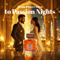 Man and woman standing face-to-face with Elixir Intense by Sapil in the foreground under golden lighting