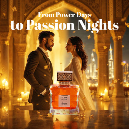 Man and woman standing face-to-face with Elixir Intense by Sapil in the foreground under golden lighting