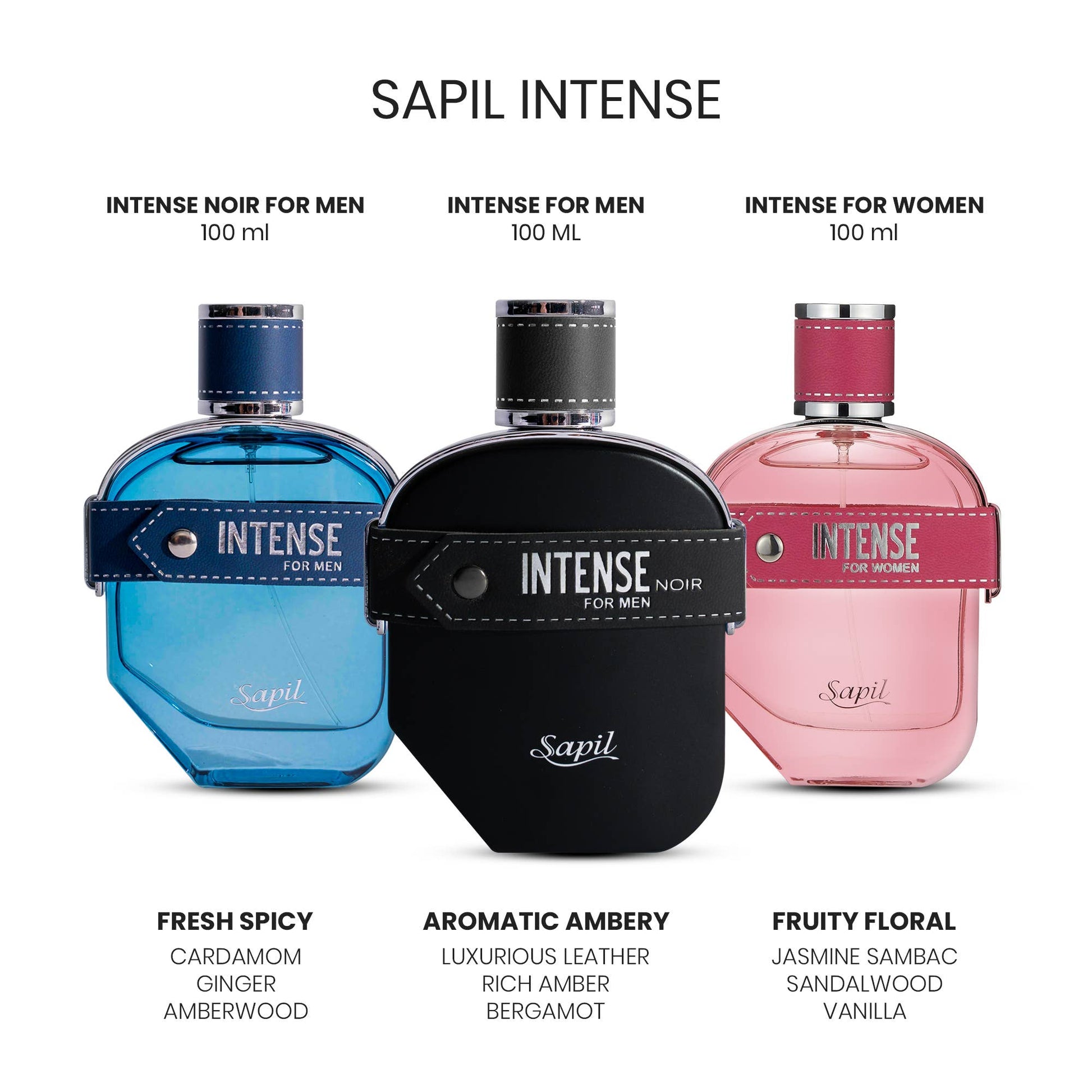 Sapil Intense fragrance collection showing Intense Noir for Men, Intense for Men, and Intense for Women