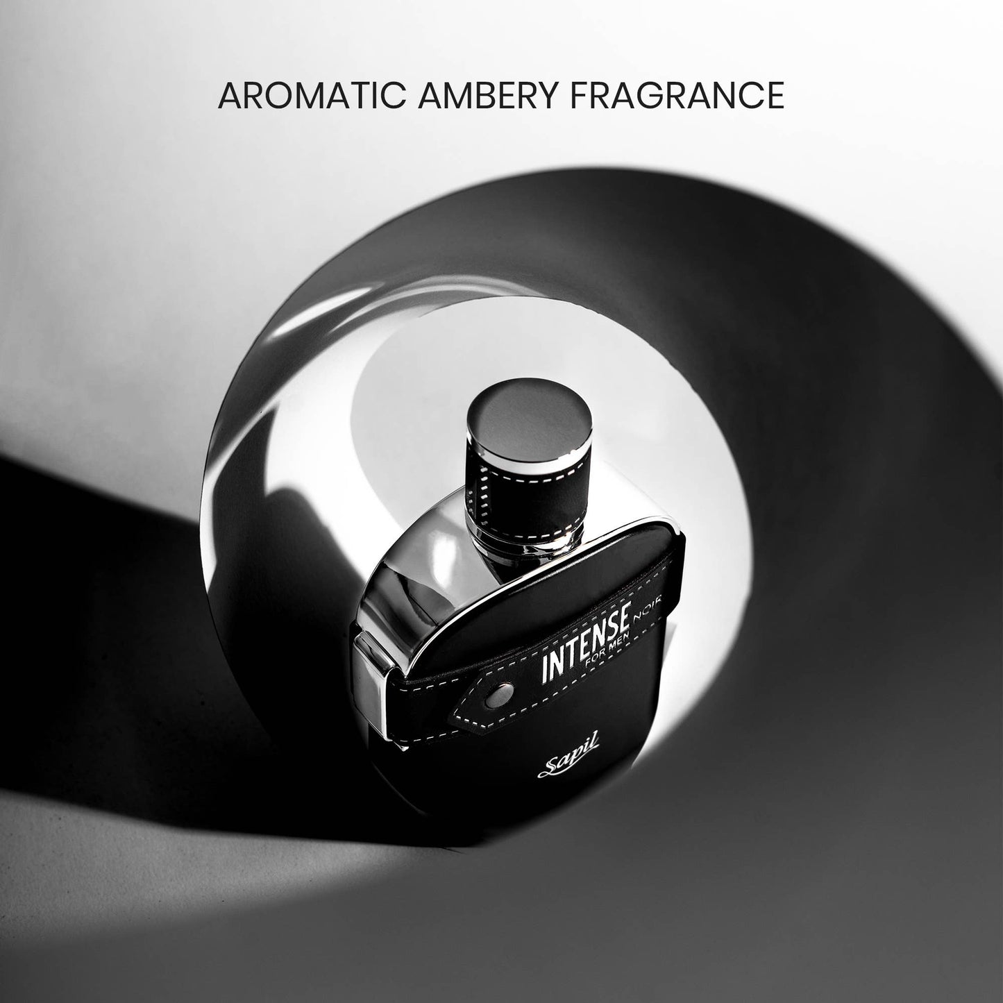 Artistic black and white photo of Sapil Intense Noir for Men perfume bottle
