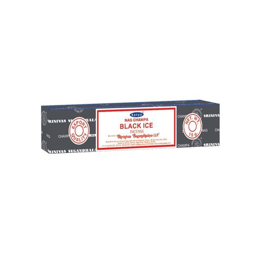Satya Black Ice 15g Nag Champa incense sticks box – hand-rolled Indian aromatherapy incense for cleansing and relaxation.