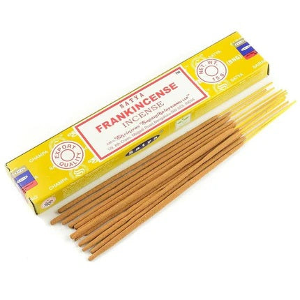 Satya Frankincense Incense 15g box with neatly arranged incense sticks, highlighting the vibrant yellow packaging and premium quality.