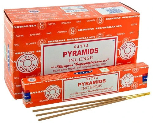 Satya Pyramids Incense multi-pack featuring vibrant orange packaging and premium hand-rolled incense sticks for relaxation and spiritual renewal.