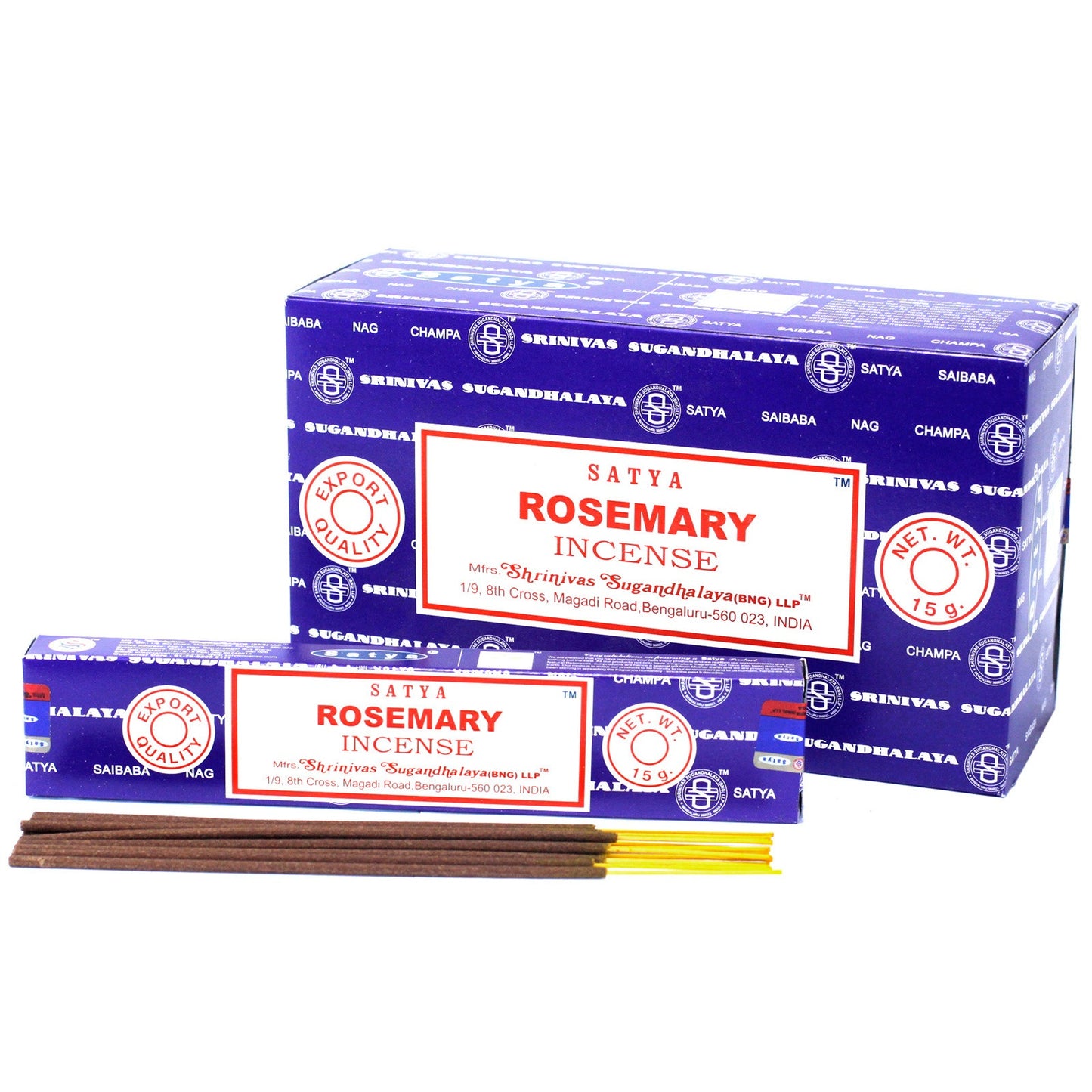 Satya Rosemary Incense multi-pack featuring vibrant blue packaging and premium 15g incense sticks, ideal for relaxation and focus.