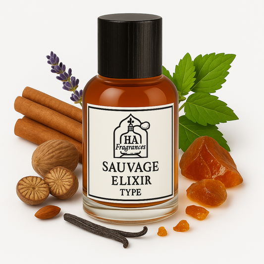 Sauvage Elixir Type cologne oil by HA Fragrances in a clear bottle, surrounded by cinnamon sticks, nutmeg, lavender sprigs, patchouli leaves, and amber resin on a white background.