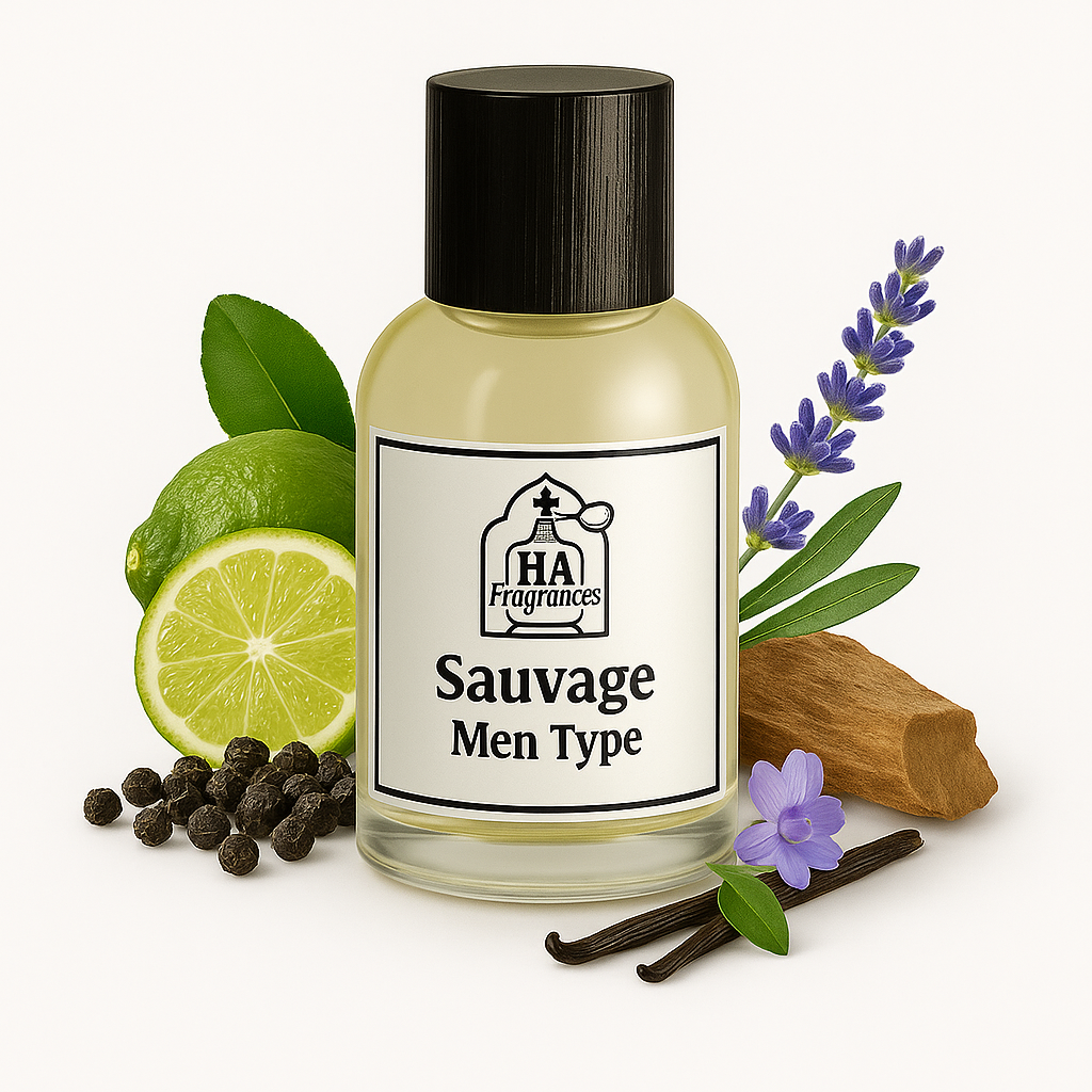 Sauvage Men Type cologne oil by HA Fragrances in a clear glass bottle, surrounded by bergamot fruit, black peppercorns, lavender sprigs, cedarwood, and amber resin on a white background.